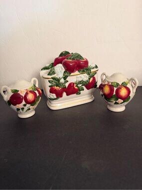 Ceramic Apple Design Set of 3 Napkin Holder, Salt & Pepper Shaker